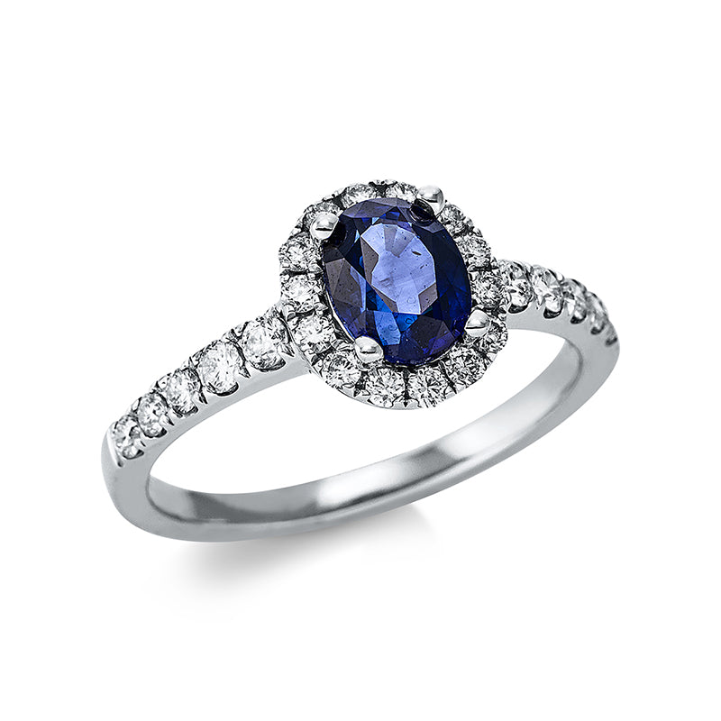 Ring 4er-Krappe 18 kt WG. 24 Brillanten 0.46 ct. TW-si. 1 Saphir 1.35 ct blau. Weite:54