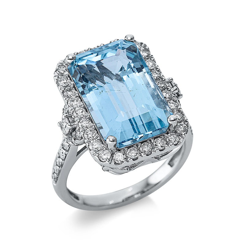 Ring 14 kt WG, 52 Brill. 0,84 ct, TW-si, 1 Aquamarin 8,95 ct blau