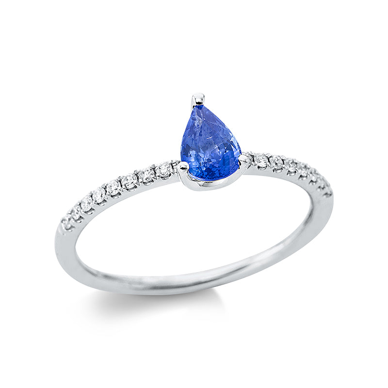 Ring 18 kt WG, 14 Brill. 0,14 ct, TW-si, 1 Saphir 0,89 ct blau