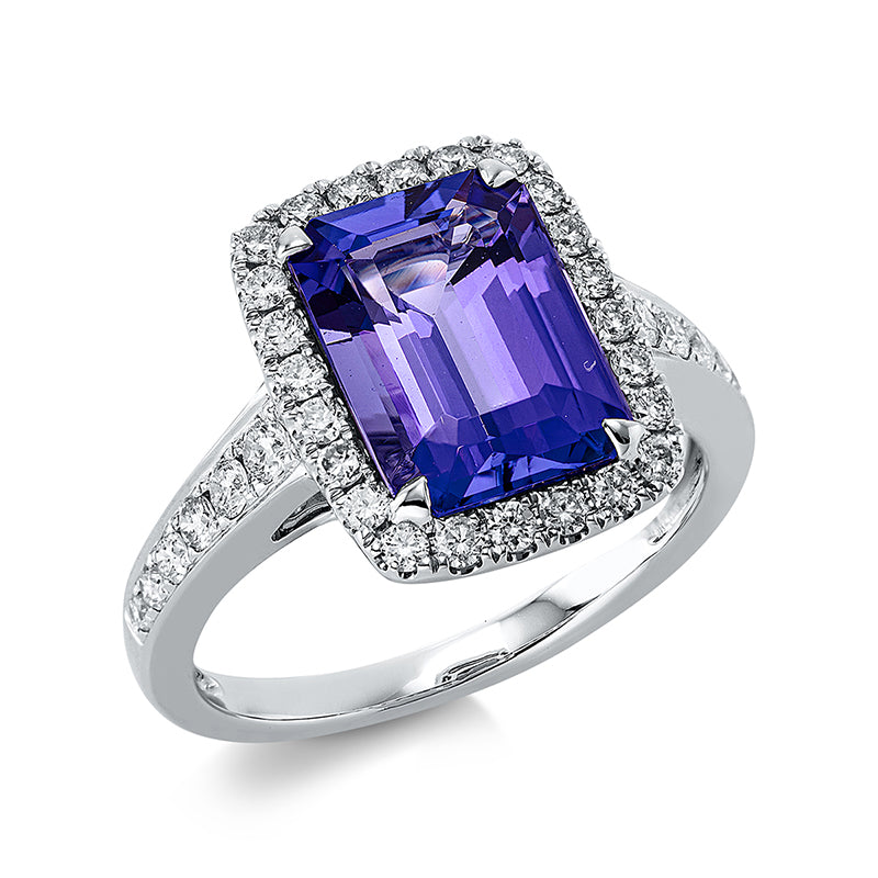 Ring 4er-Krappe 18 kt WG. 36 Brillanten 0.53 ct. TW-si. 1 Tansanit 4.59 ct blau. Weite:54