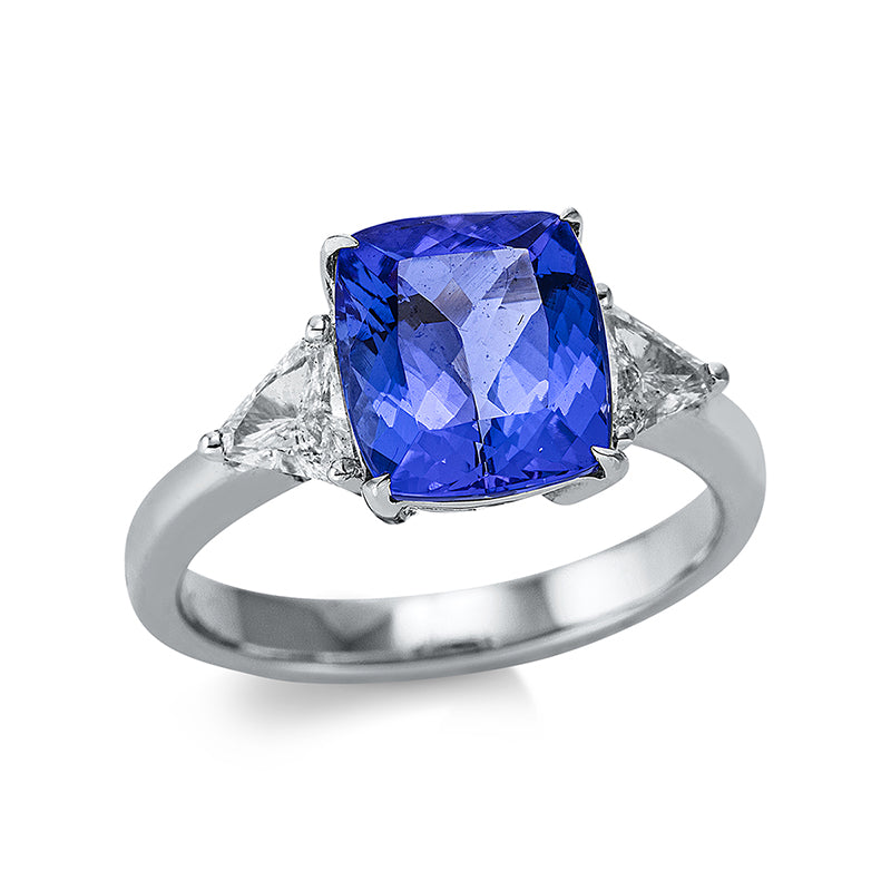 Ring 18 kt WG, 2 Triangel 0,40 ct, TW-si, 1 Tansanit 3,24 ct blau