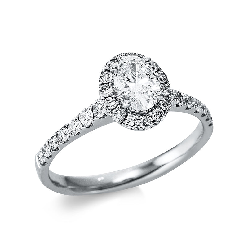 Ring 4er-Krappe 18 kt WG. GIA 5343998477. 1 Oval 0.51 ct. D-if. 32 Brillanten 0.49 ct. TW-si. Weite:54