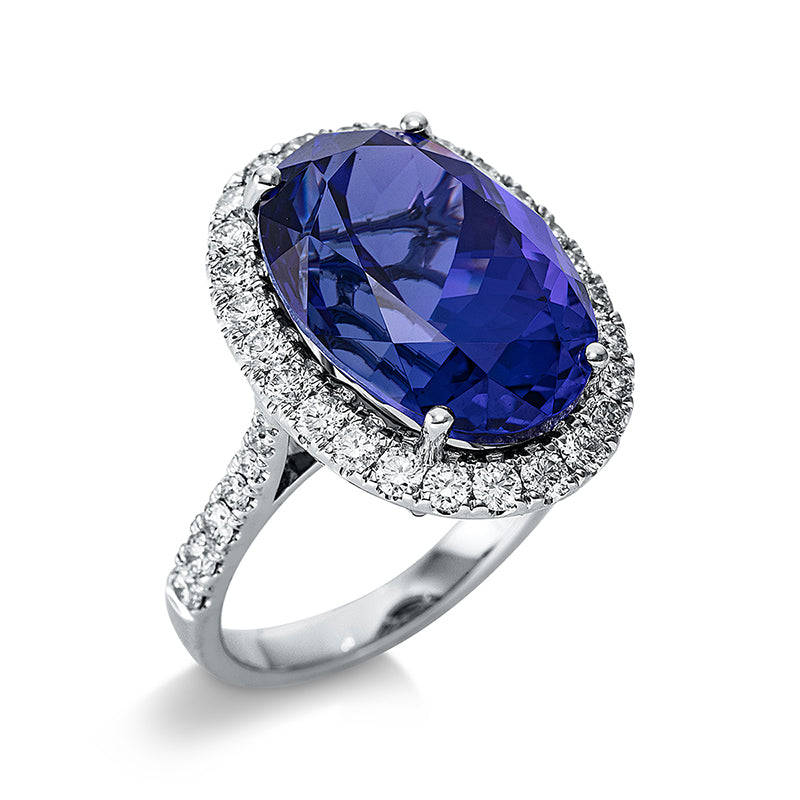 Ring 18 kt WG, 40 Brill. 1,06 ct, TW-si, 1 Tansanit 13,88 ct blau