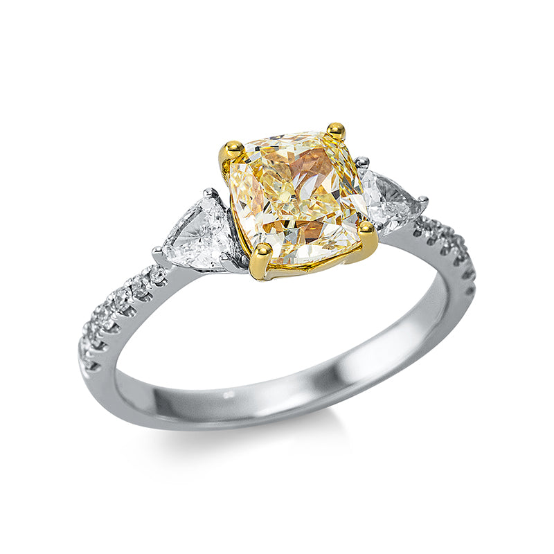 Ring 4er-Krappe 18 kt WG+GG. GIA 2205202803. 2 Triangel 0.38 ct. TW-si. 1 Cushion 2.01 ct. gelb-vs1. 12 Brillanten 0.16 ct. TW-si. H:132.6 mm. B:7.0 mm. Weite:54