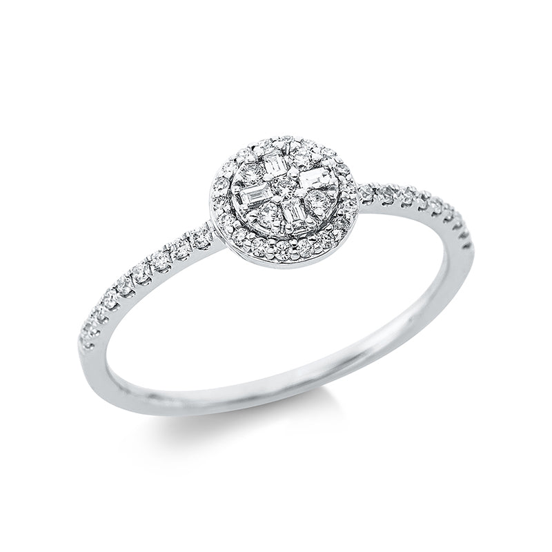 Ring 18 kt WG, 4 Bag. 0,04 ct, TW-vsi, 41 Brill. 0,16 ct, TW-si