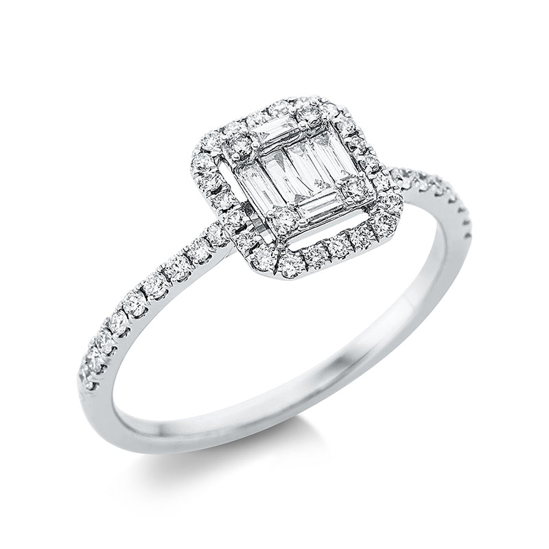 Ring 18 kt WG, 4 Bag. 0,09 ct, TW-vsi, 2 Brill. 0,03 ct, TW-vsi, 44 Brill. 0,25 ct, TW-si