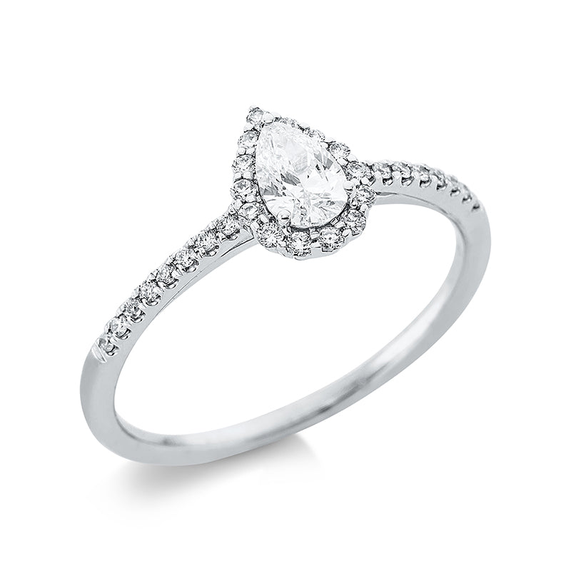 Ring 3er-Krappe 18 kt WG Tropfen. 1 Tropfen 0.27 ct. TW-vsi. 30 Brillanten 0.14 ct. TW-si. H:8.1 mm. B:5.9 mm. Weite:53