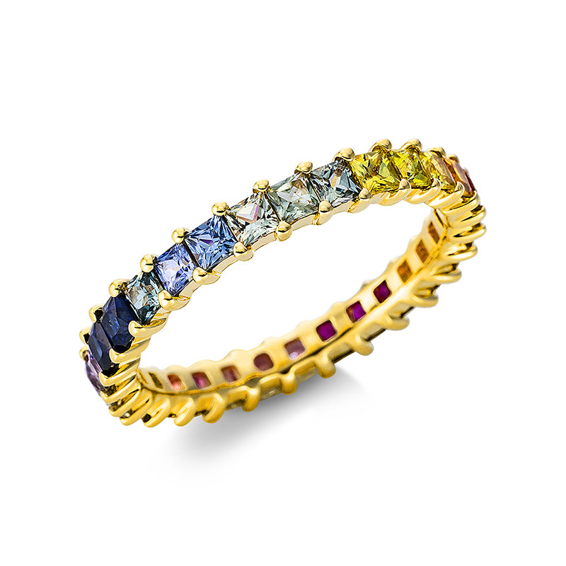 Ring 18 kt GG, 3 Rubine 0,24 ct rot, 3 Saphire 0,25 ct pink, 21 Saphire 1,56 ct fancy, 2 Saphire 0,19 ct blau