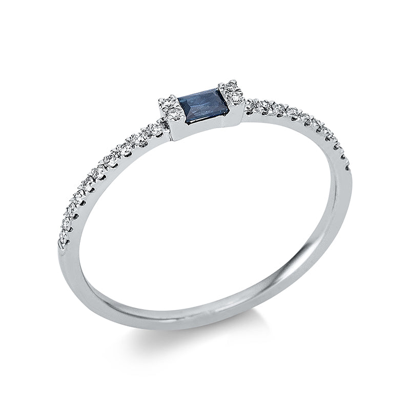 Ring 18 kt WG, 24 Brill. 0,09 ct, TW-si, 1 Saphir 0,10 ct blau
