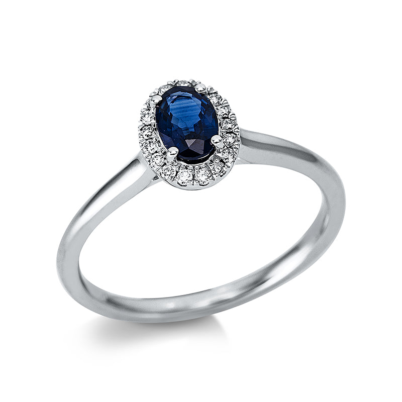 Ring 4er-Krappe 18 kt WG. 17 Brillanten 0.08 ct. TW-si. 1 Saphir 0.51 ct blau. H:6.4 mm. B:8.3 mm. Weite:54