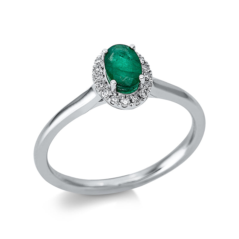 Ring 18 kt WG, 17 Brill. 0,08 ct, TW-si, 1 Smaragd 0,39 ct grün