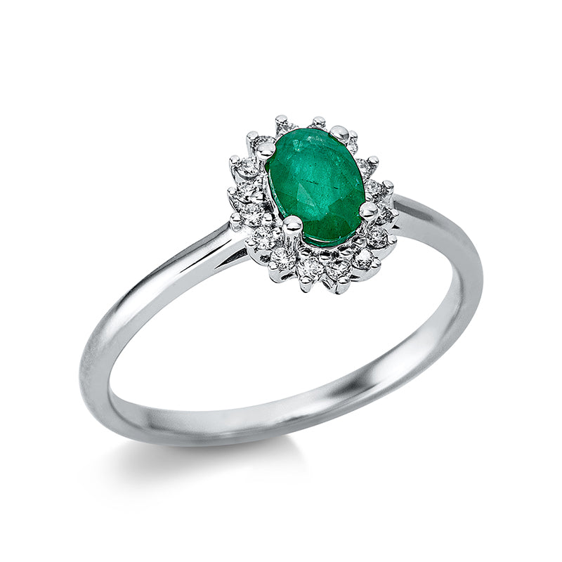 Ring 18 kt WG, 16 Brill. 0,10 ct, TW-si, 1 Smaragd 0,40 ct grün