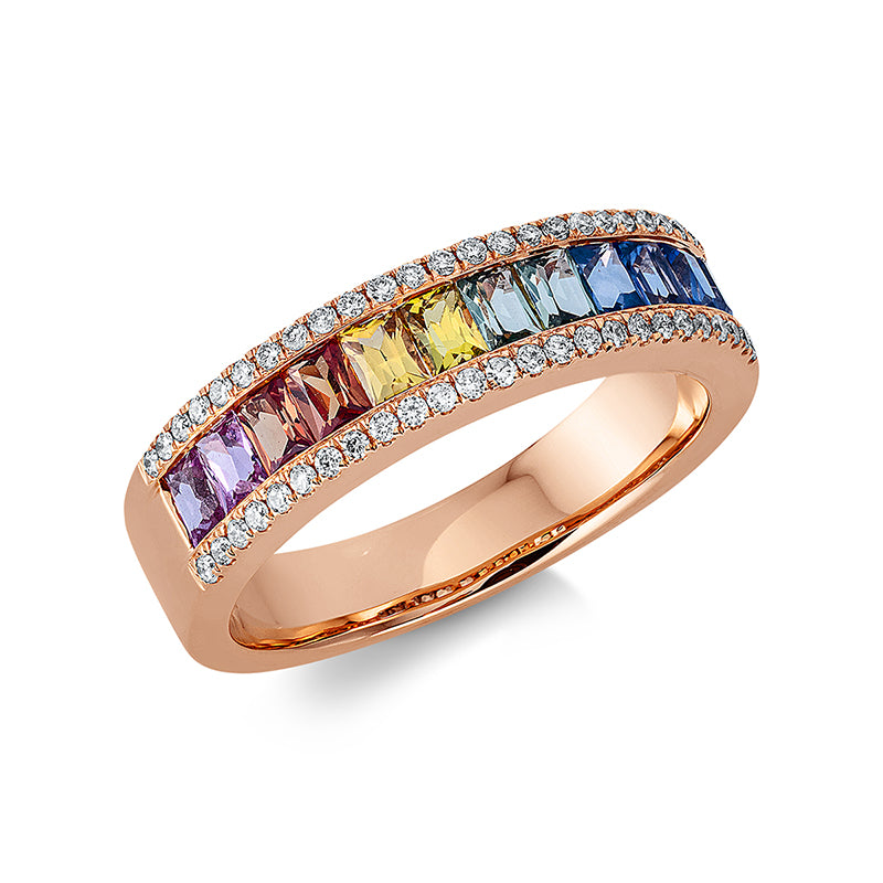 Ring 18 kt RG, 50 Brill. 0,19 ct, TW-si, 12 Saphire 1,31 ct fancy