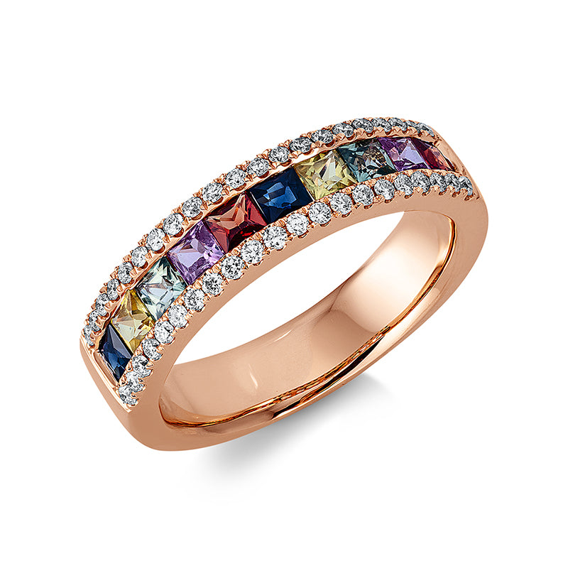 Ring 18 kt RG, 42 Brill. 0,26 ct, TW-si, 10 Saphire 1,14 ct fancy