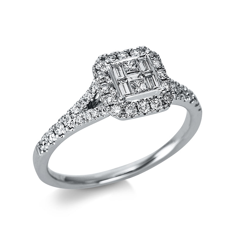 Ring 14 kt WG, 5 Bag. 0,10 ct, TW-si, 2 Princ. 0,06 ct, TW-si, 40 Brill. 0,32 ct, TW-si