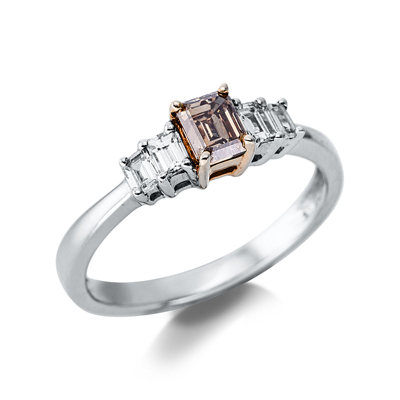 Ring 4er-Krappe 14 kt WG+GG. 2 Baguette 0.16 ct. TW-si. 2 Baguette 0.12 ct. TW-si. 1 Sm.schliff 0.51 ct. braun. H:11.8 mm. B:4.9 mm. Weite:54