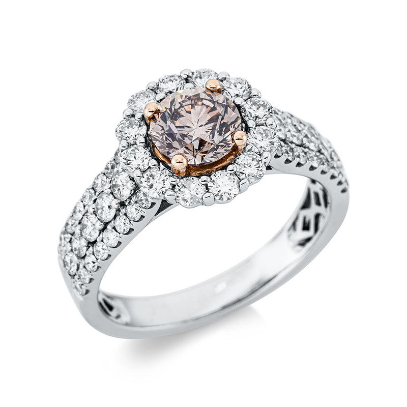 Ring 4er-Krappe 14 kt WG+RG. 56 Brillanten 1.11 ct. TW-si. 1 Fant-Schl. 1.01 ct. braun. H:10.8 mm. B:10.8 mm. Weite:54.5