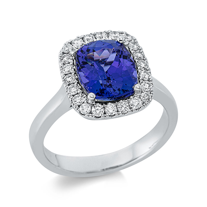 Ring 4er-Krappe 18 kt WG. 20 Brillanten 0.35 ct. TW-si. 1 Tansanit 3.26 ct blau. Weite:54
