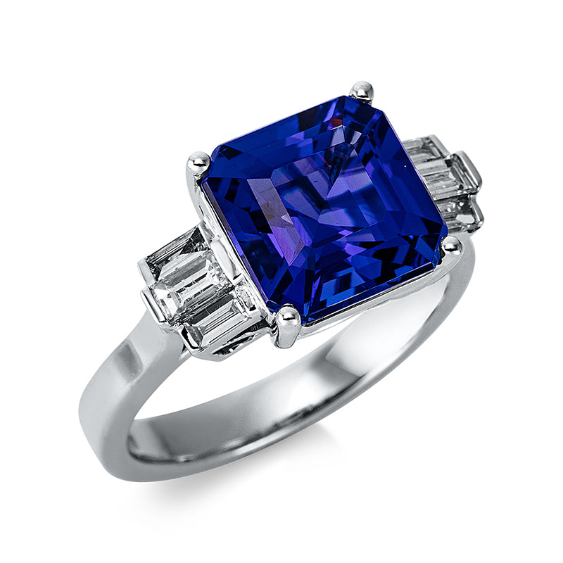 Ring 18 kt WG, 6 Bag. 0,35 ct, TW-si, 1 Tansanit 4,18 ct blau