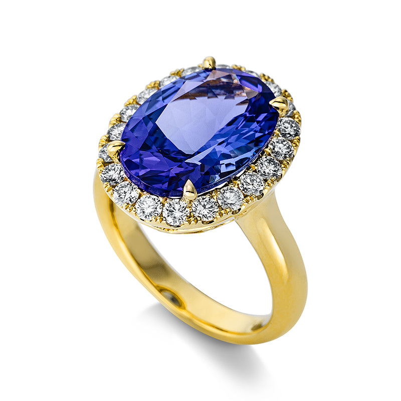 Ring 18 kt GG, 20 Brill. 0,80 ct, TW-si, 1 Tansanit 7,15 ct blau
