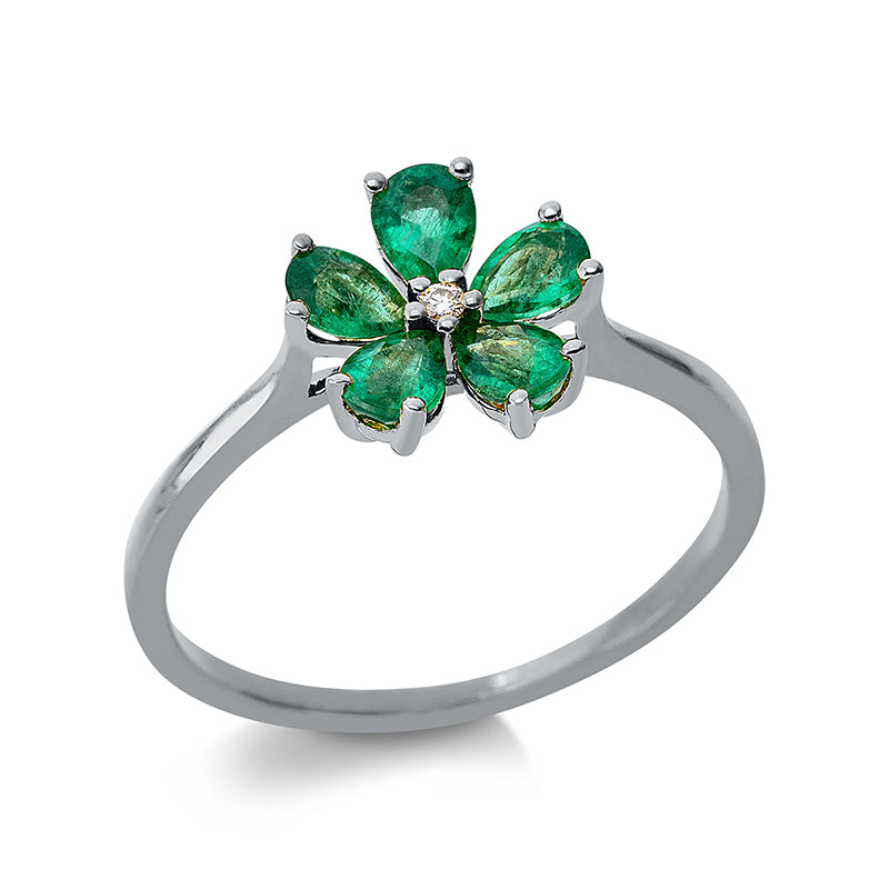 Ring 18 kt WG, 1 Brill. 0,01 ct, TW-si, 5 Smaragde 0,73 ct grün