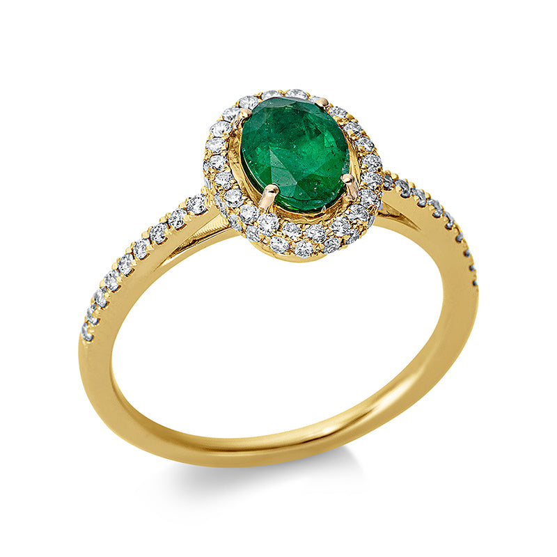 Ring 18 kt GG, 62 Brill. 0,34 ct, TW-si, 1 Smaragd 0,65 ct grün