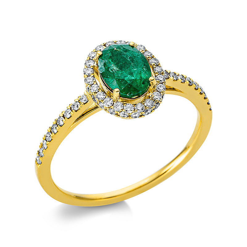 Ring 18 kt GG. 62 Brillanten 0.34 ct. TW-si. 1 Smaragd 0.91 ct grün. H:10.0 mm. B:8.4 mm. S:1.2 mm. Weite:54