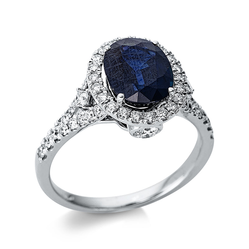 Ring 18 kt WG, 2 Brill. 0,18 ct, TW-si, 2 Princ. 0,07 ct, TW-si, 48 Brill. 0,50 ct, TW-si, 1 Saphir 2,66 ct rot