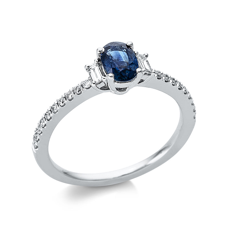 Ring 18 kt WG, 2 Bag. 0,09 ct, TW-si, 20 Brill. 0,15 ct, TW-si, 1 Saphir 0,65 ct blau
