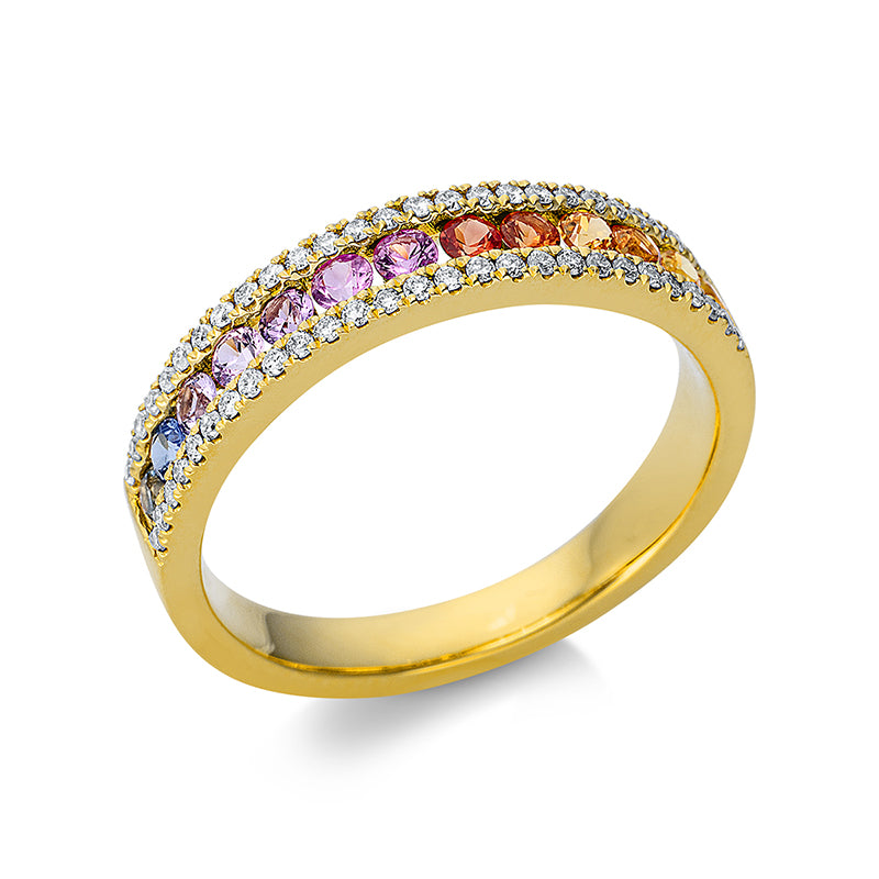 Ring 18 kt GG. 54 Brillanten 0.22 ct. TW-si. 13 Saphire 0.53 ct multicolor. B:4.3 mm. S:4.2 mm. Weite:54
