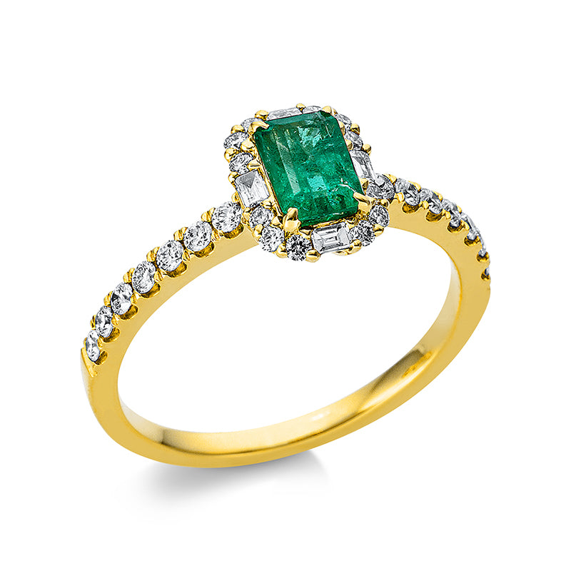 Ring 18 kt GG. 4 Baguette 0.06 ct. TW-si. 26 Brillanten 0.31 ct. TW-si. 1 Smaragd 0.53 ct grün. H:8.8 mm. B:6.7 mm. S:1.9 mm. Weite:54