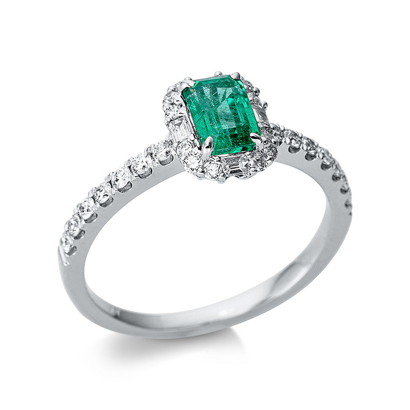 Ring 18 kt WG, 26 Brill. 0,31 ct, TW-si, 1 Smaragd 0,55 ct grün