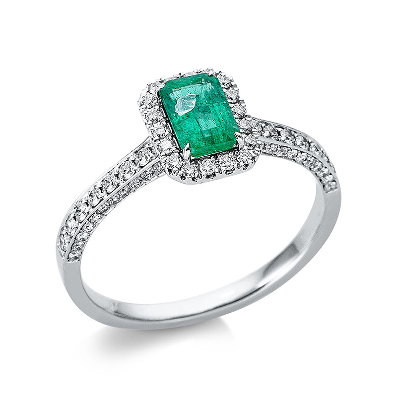 Ring 18 kt WG. 76 Brillanten 0.37 ct. TW-si. 1 Smaragd 0.56 ct grün. H:8.6 mm. B:6.5 mm. S:1.0 mm. Weite:54