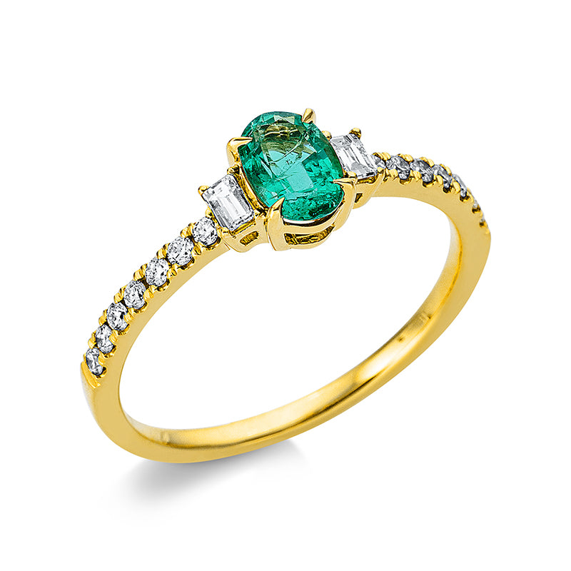 Ring 18 kt GG. 2 Baguette 0.07 ct. TW-si. 14 Brillanten 0.14 ct. TW-si. 1 Smaragd 0.46 ct grün. Weite:54