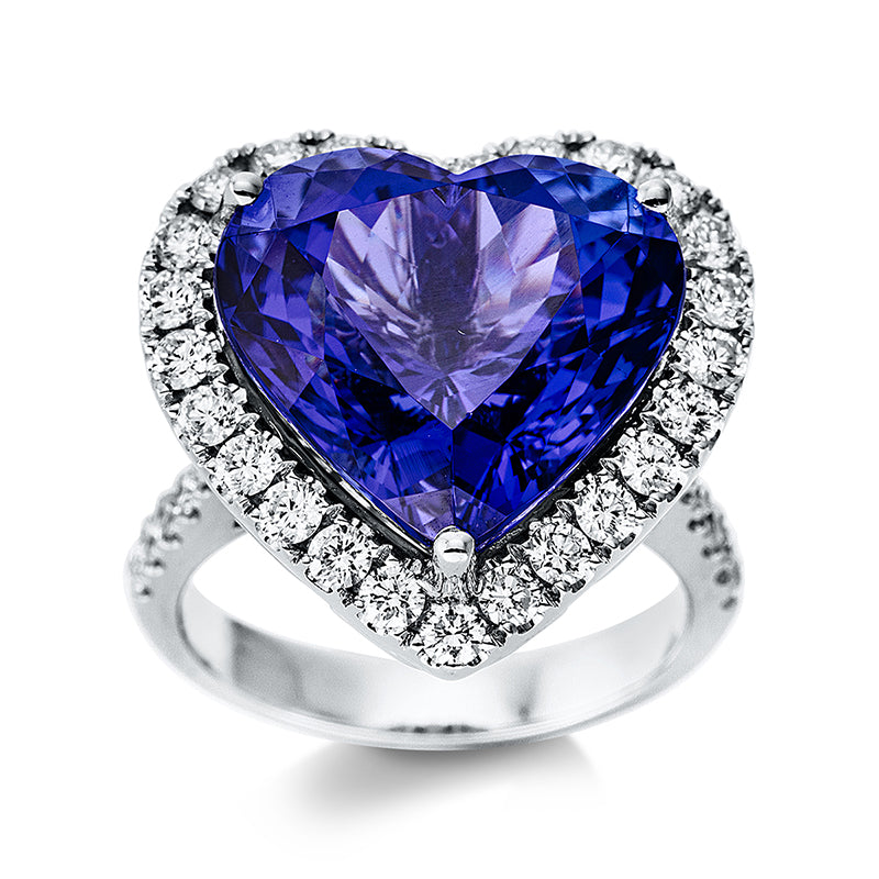 Ring 3er-Krappe 18 kt WG. 40 Brillanten 1.23 ct. TW-si. 1 Tansanit 12.77 ct blau. H:19.9 mm. B:19.4 mm. Weite:54