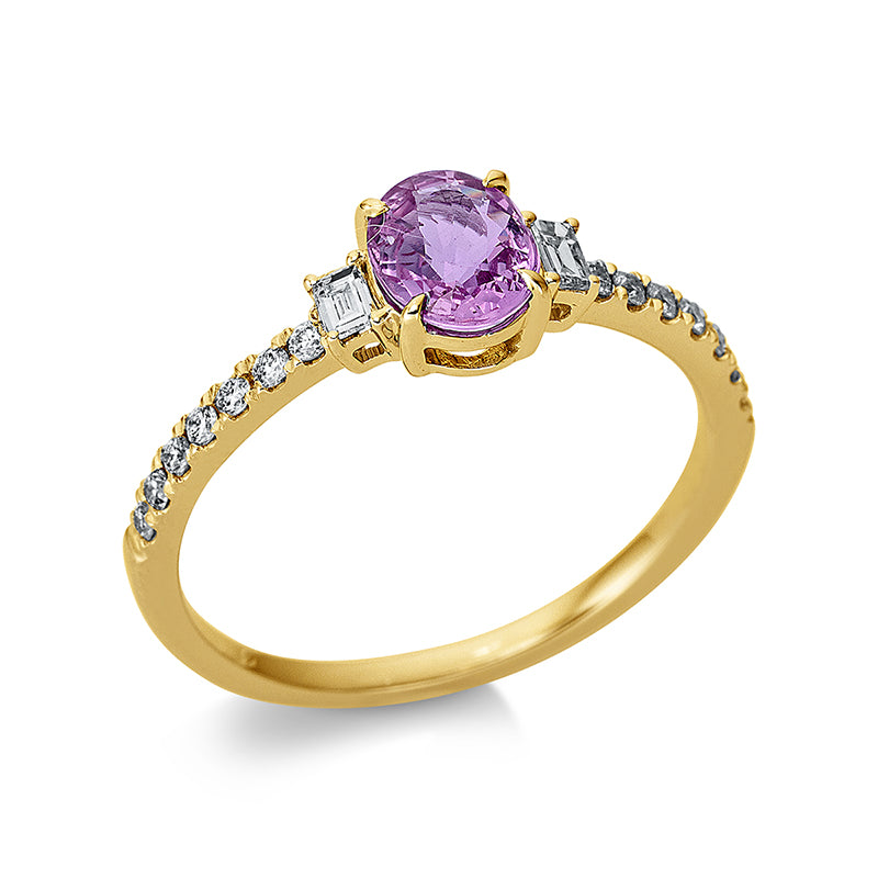 Ring 18 kt GG. 2 Baguette 0.09 ct. TW-si. 14 Brillanten 0.14 ct. TW-si. 1 Saphir 0.68 ct pink. Weite:54