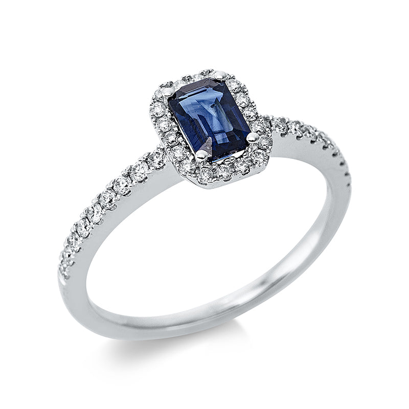 Ring 4er-Krappe 18 kt WG. 36 Brillanten 0.29 ct. TW-si. 1 Saphir 0.60 ct blau. Weite:54