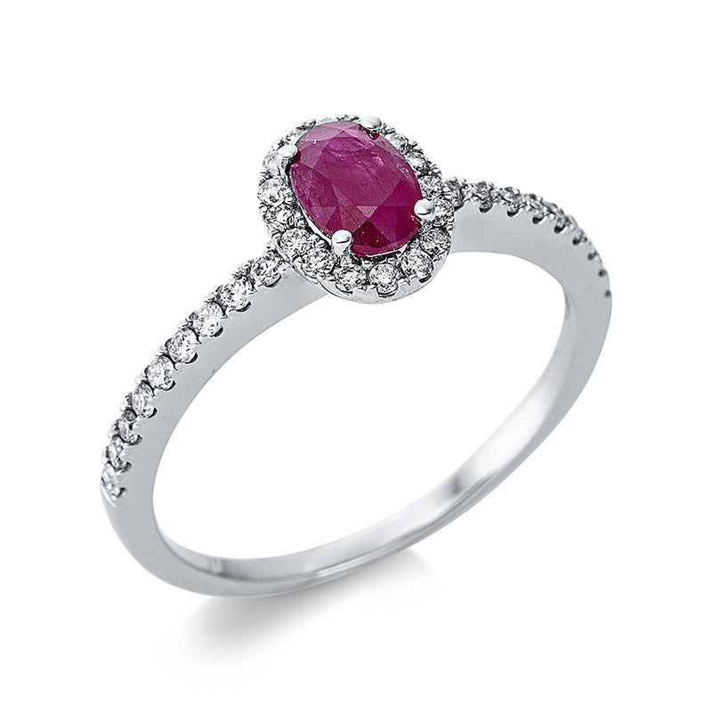 Ring 18 kt WG, 34 Brill. 0,26 ct, TW-si, 1 Rubin 0,71 ct rot