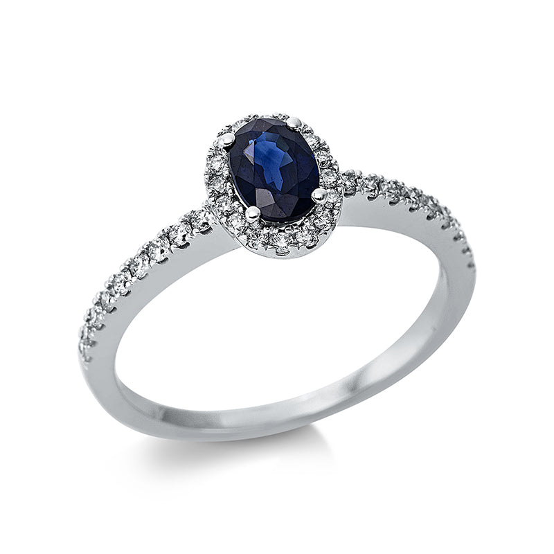 Ring 4er-Krappe 18 kt WG. 34 Brillanten 0.26 ct. TW-si. 1 Saphir 0.65 ct blau. Weite:54