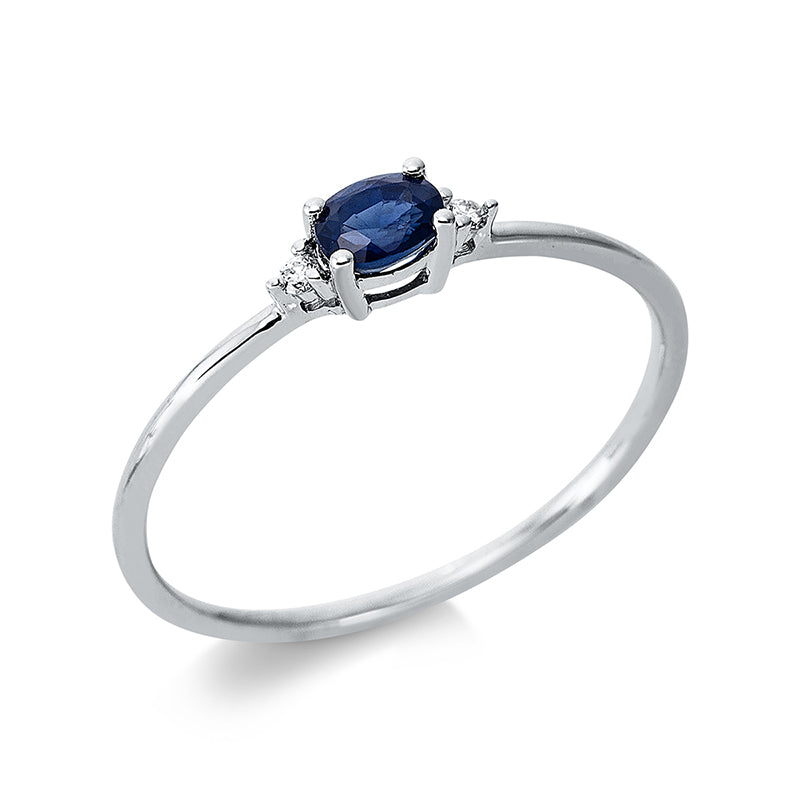 Ring 18 kt WG, 2 Brill. 0,02 ct, TW-si, 1 Saphir 0,26 ct blau