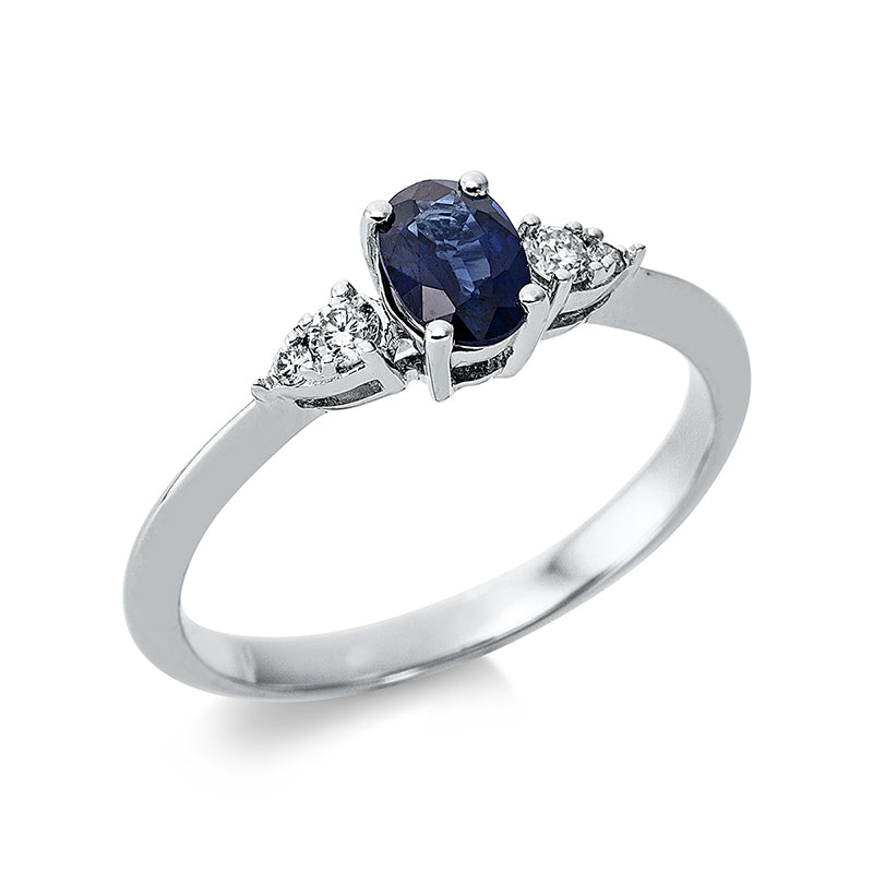 Ring 18 kt WG, 2 Brill. 0,09 ct, TW-si, 2 Brill. 0,02 ct, TW-si, 1 Saphir 0,64 ct blau