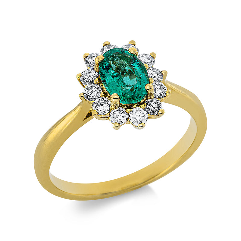 Ring 18 kt GG, 12 Brill. 0,42 ct, TW-si, 1 Smaragd 0,82 ct grün