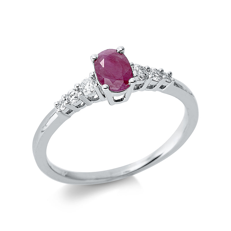 Ring 18 kt WG, 4 Brill. 0,17 ct, TW-si, 2 Brill. 0,03 ct, TW-si, 1 Rubin 0,55 ct rot