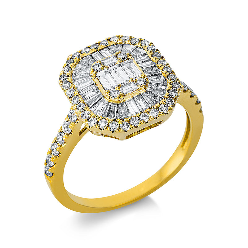 Ring 18 kt GG, 12 Bag. 0,35 ct, TW-si, 15 Trap. 0,44 ct, TW-si, 48 Brill. 0,47 ct, TW-si