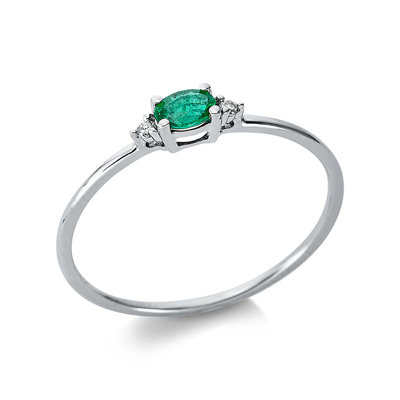 Ring 18 kt WG, 2 Brill. 0,02 ct, TW-si, 1 Smaragd 0,17 ct grün