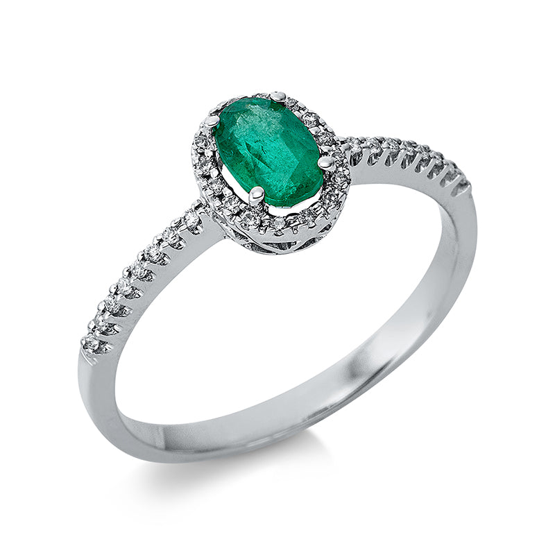 Ring 18 kt WG, 32 Brill. 0,10 ct, TW-si, 1 Smaragd 0,44 ct grün