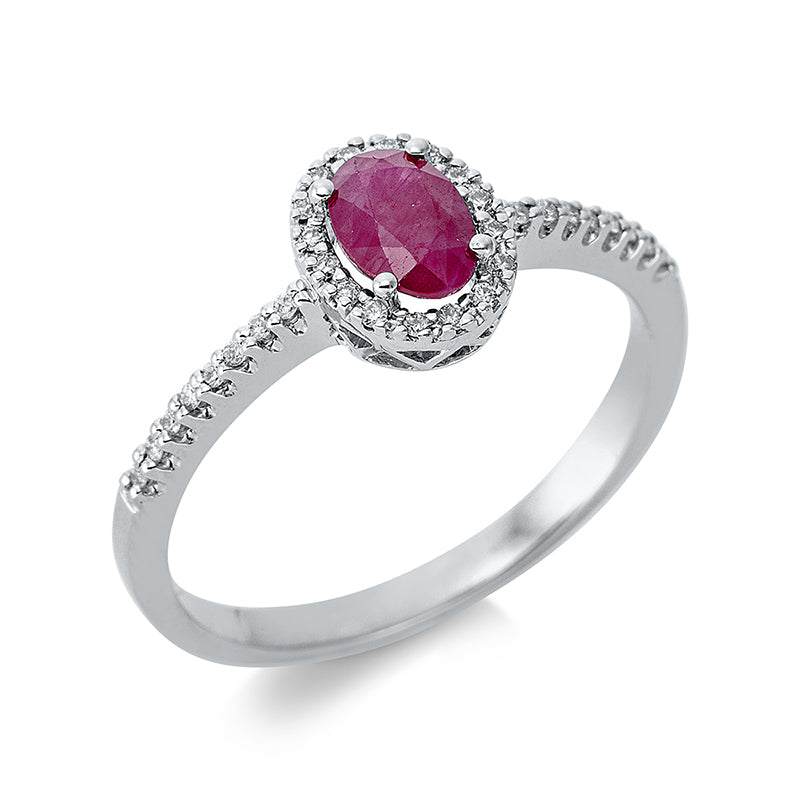 Ring 4er-Krappe 18 kt WG. 32 Brillanten 0.10 ct. TW-si. 1 Rubin 0.48 ct rot. Weite:54
