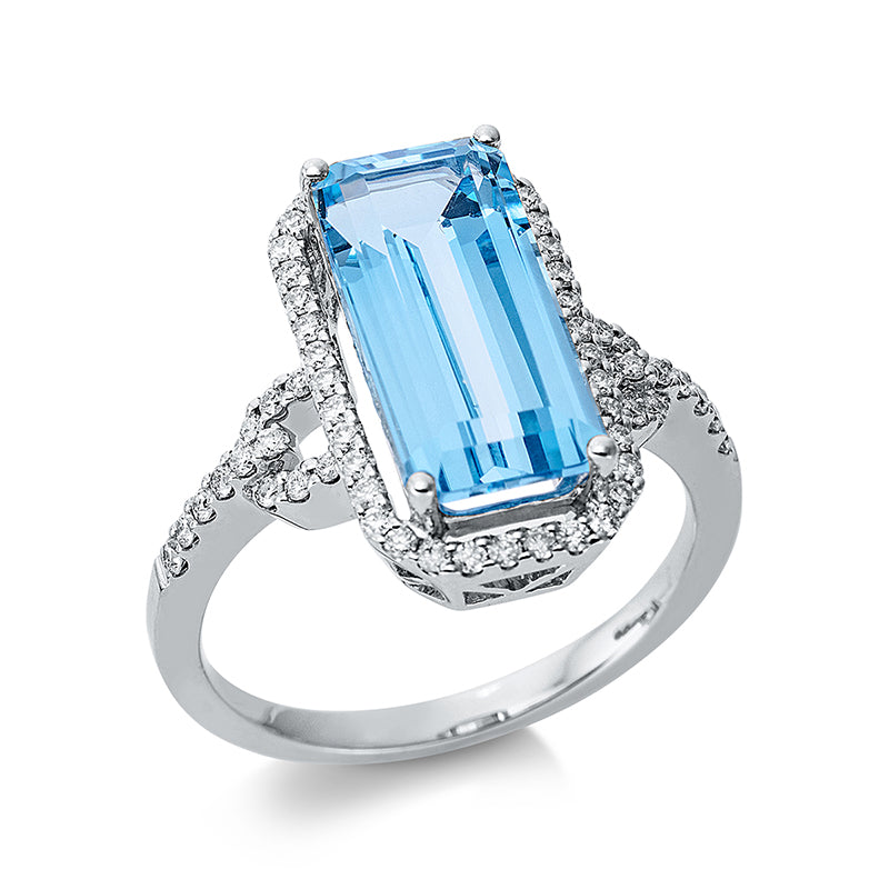 Ring 4er-Krappe 18 kt WG. 62 Brillanten 0.34 ct. TW-si. 1 Topas 5.06 ct Swiss blue. Weite:54