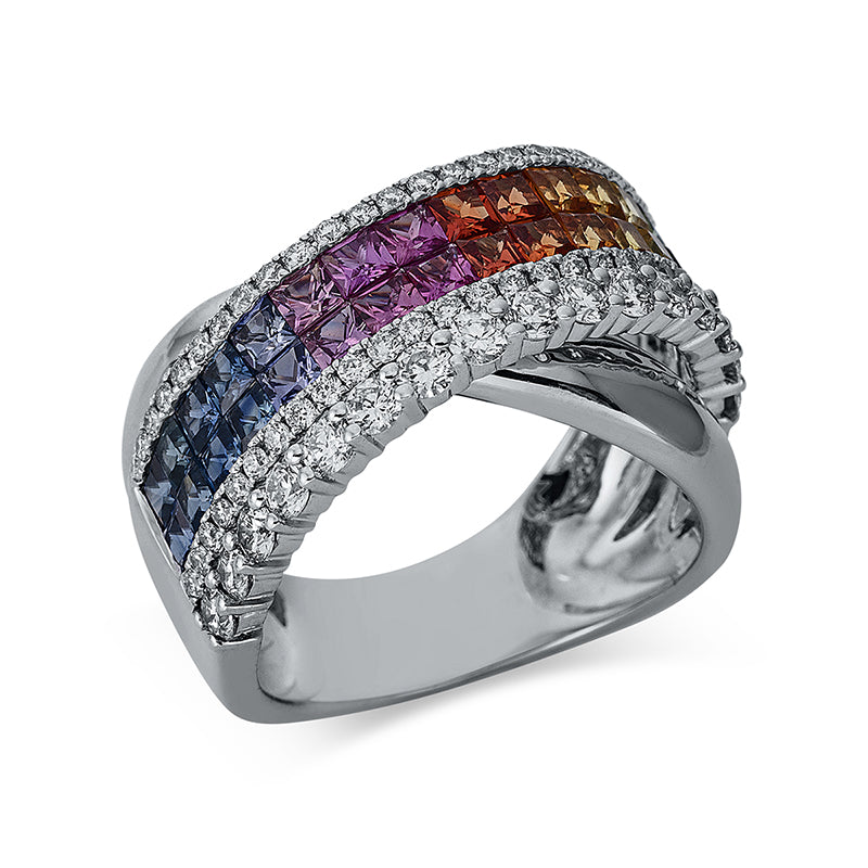Ring 18 kt WG, 70 Brill. 0,99 ct, TW-si, 32 Saphire 2,09 ct fancy