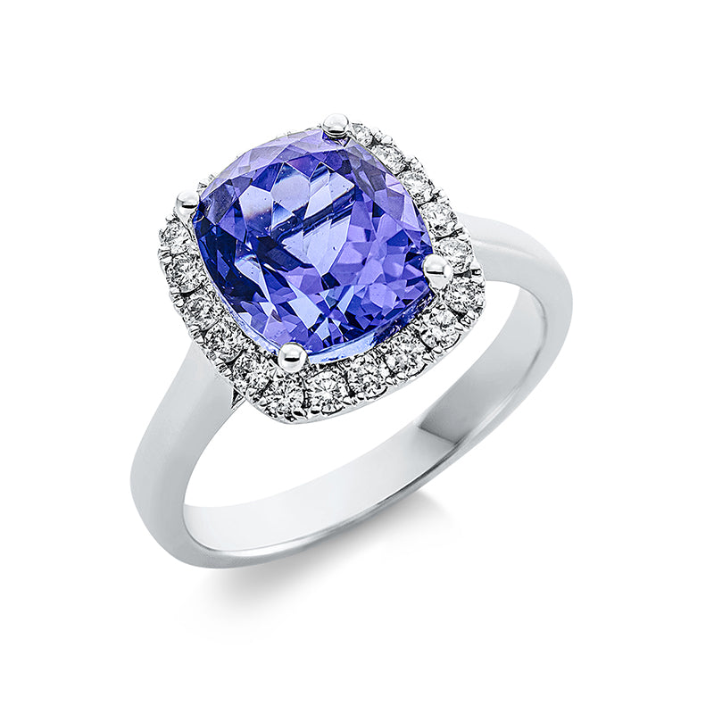 Ring 18 kt WG, 20 Brill. 0,36 ct, TW-si, 1 Tansanit 5,07 ct blau